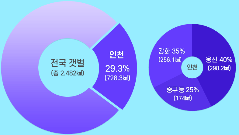 전국 갯벌(총 2,482㎢) / 인천 29.3%(728.3㎢), 인천 : 강화 35%(256.1㎢) / 옹진 40%(298.2㎢) / 중구 등 25%(174㎢) 